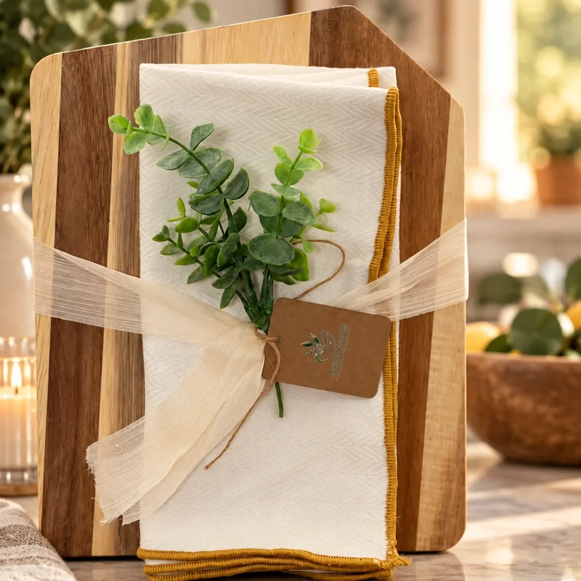 An acacia cutting board wrapped with a cream dish towel, a sheer ribbon, a sprig of greenery and a Basket & Bond tag, on a marble counter.