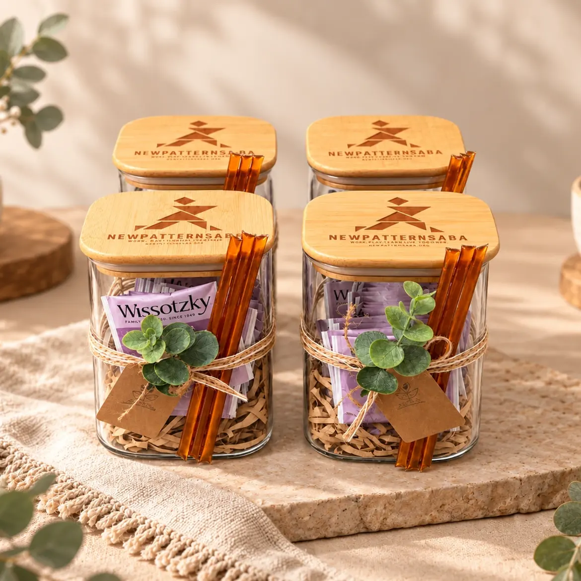 Four square glass jars with engraved bamboo lids, filled with tea sachets and honey sticks tied with twine and greenery, on a light stone board.