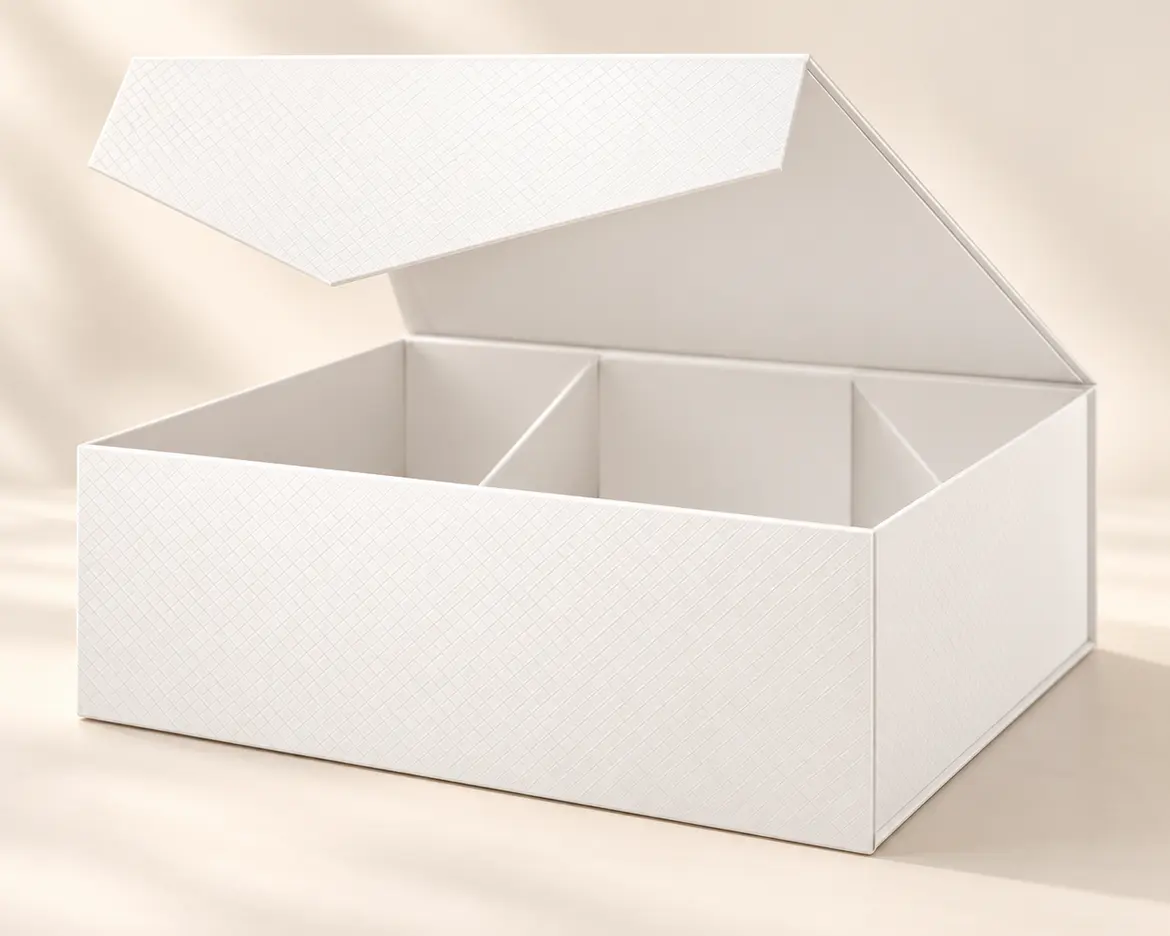 The gift box, open and empty: a white textured box with its lid raised and inner dividers.