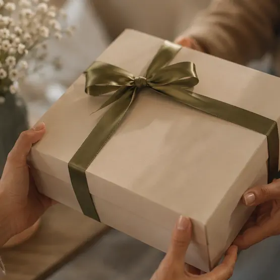Two people passing a kraft gift box tied with an olive satin ribbon and a centered bow, with baby's breath in a vase behind them.