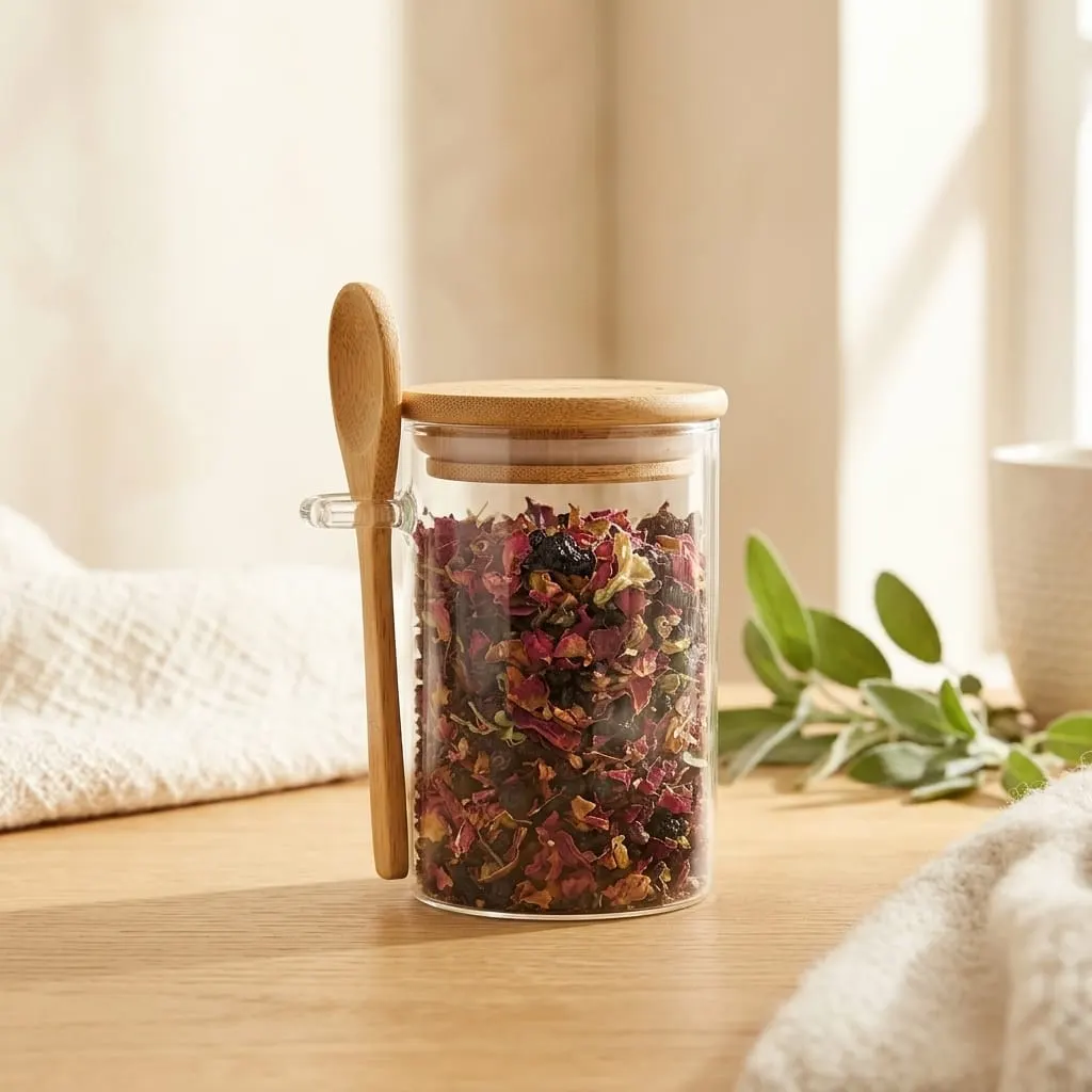 Glass jar with lid and spoon + Tea