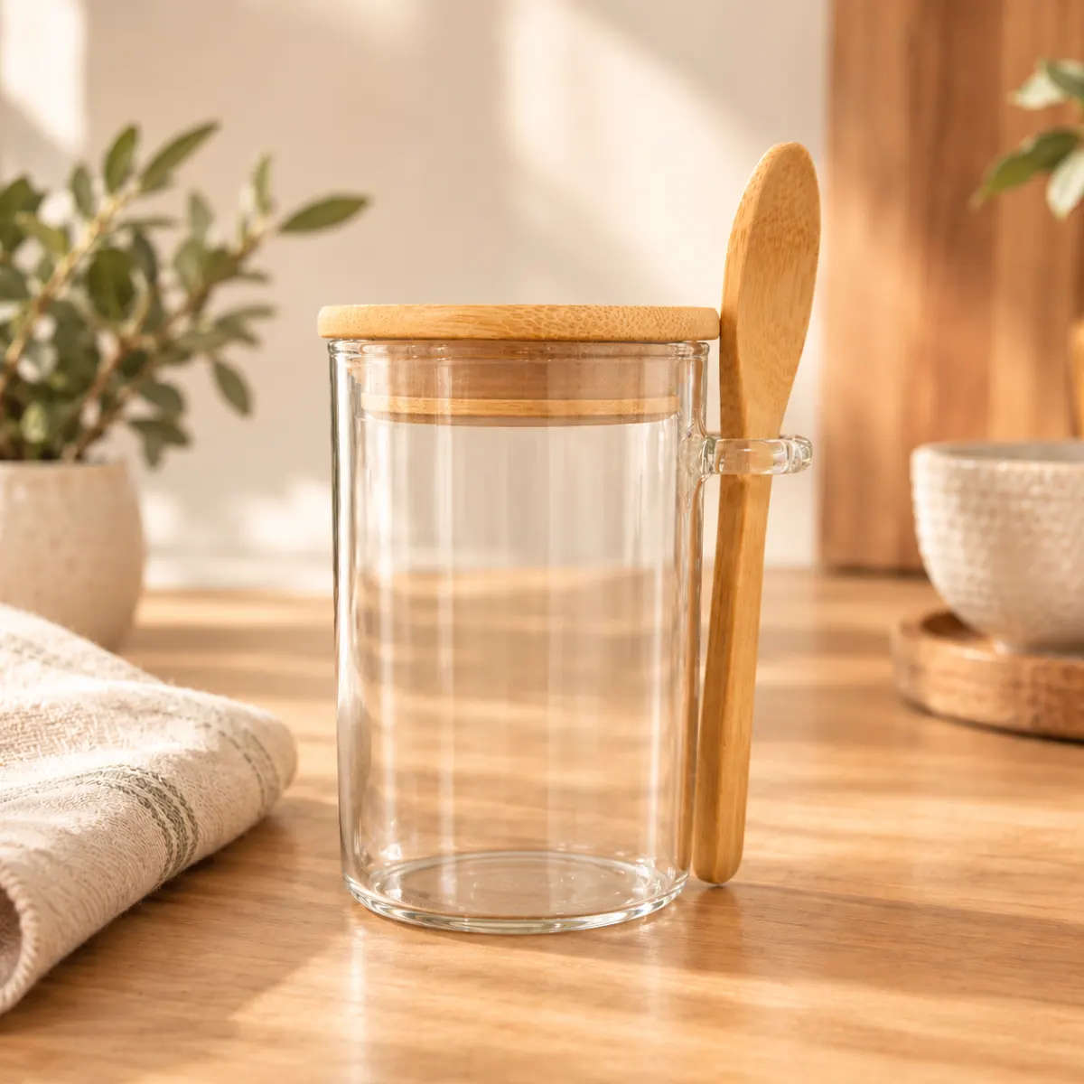 Glass jar with lid and spoon